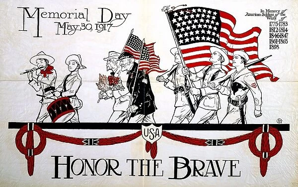MEMORIAL DAY POSTER. Honor the Brave. American recruitment poster showing a parade of veterans