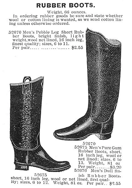 MENs FASHION, 1895. Mens rubber boots. American catalogue advertisement, 1895