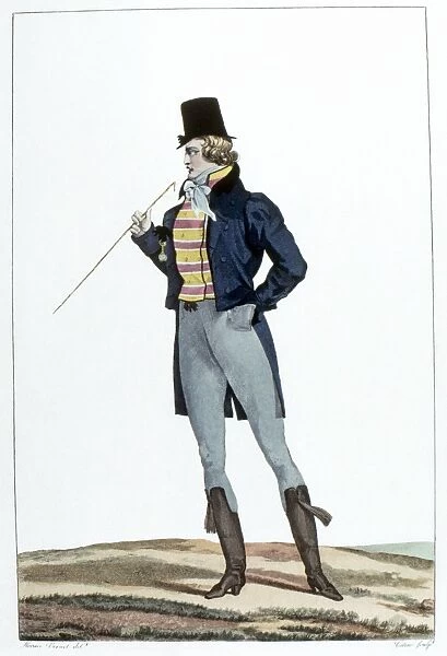 MENs FASHION, c1814. An incroyable wearing a Robinson hat, knitted pants