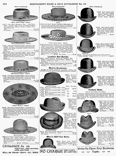 MENs HATS, 1895. Page from a Montgomery Ward catalogue of 1895