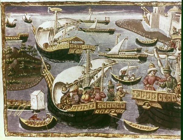 MERCHANT SHIPS, c1465. Merchant ships in harbor: Italian manuscript illumination