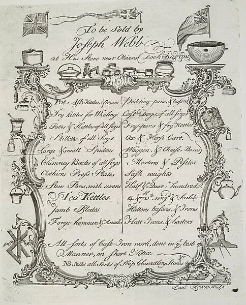 MERCHANT TRADE CARD, 1765. Trade card for Joseph Webb, Jr. merchant and ship chandler of Boston, Massachusetts, engraved by Paul Revere in 1765
