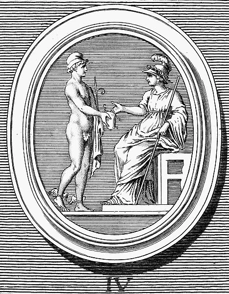 MERCURY AND MINERVA. Mercury (Greek name Hermes) offering his purse to Minerva, who takes moderately out of it. Copper engraving, French, late 18th century
