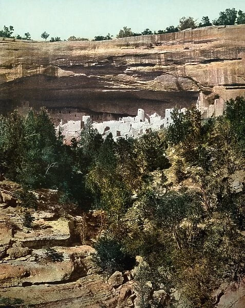 MESA VERDE, COLORADO. Prehistoric Pueblo Native American dwelling ruins at Mesa Verde National Park, Colorado. Photochrome print, c1898