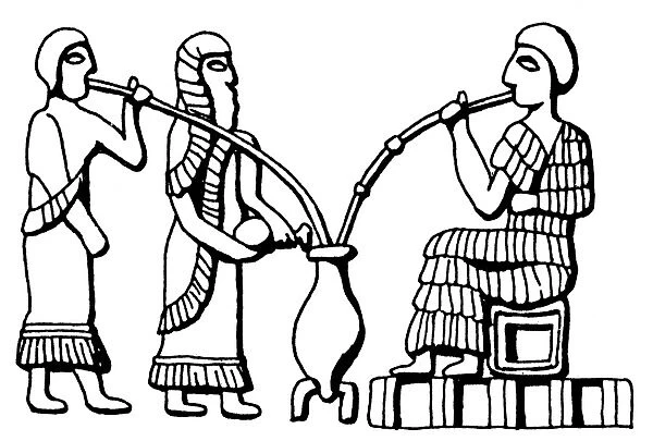 MESOPOTAMIA: DRINKING BEER. Men drinking beer through straws. After a Mesopotamian cylinder seal