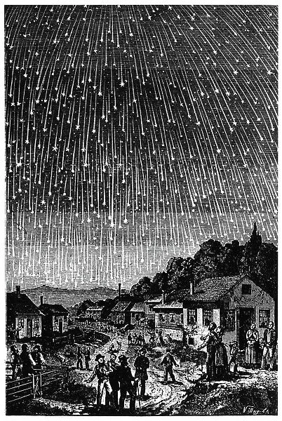 METEOR SHOWER, 1833. People observing a meteor storm above a village in 1833. Wood engraving by Adolf Vollmy, c1888