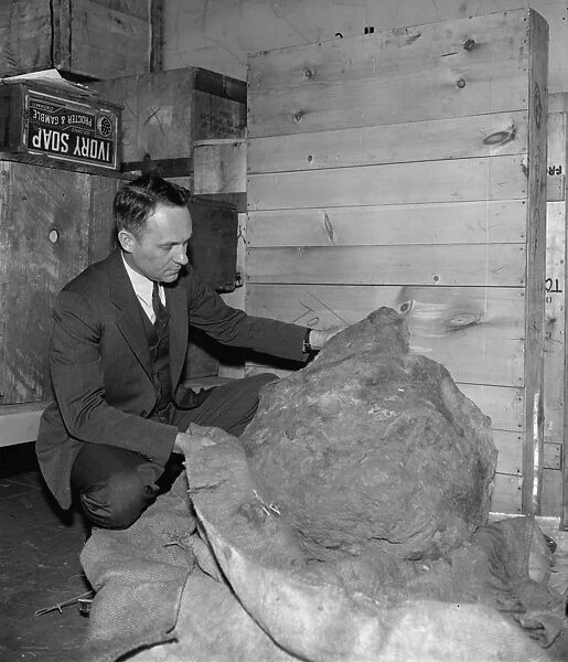 METEORITE, 1939. E. P. Henderson of the Smithsonian Institution inspects a 2, 000