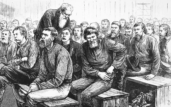 METHODIST MINERS, 1879. A raffish congregation of hymn-singing miners at a Methodist Church in Leadville, Colorado. Wood engraving, American, 1879