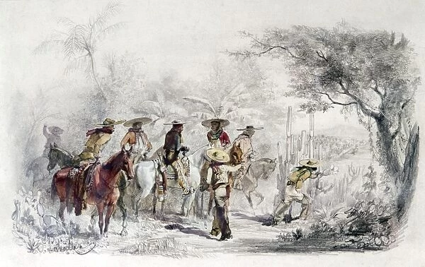 MEXICAN BANDITS. A group of Mexican bandits. Painting, mid 19th century