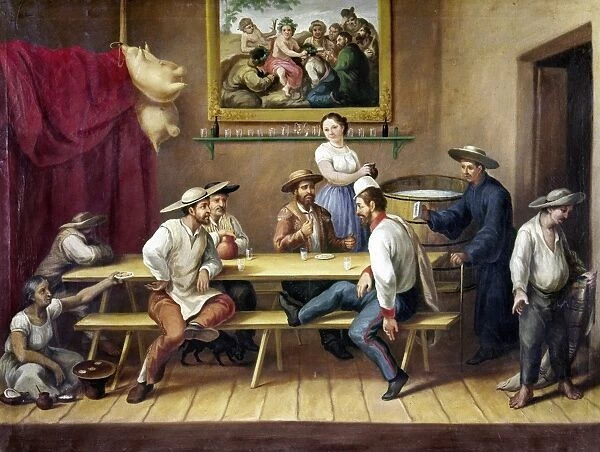 Mexican bar scene. Painting by an unknown artist, 19th century