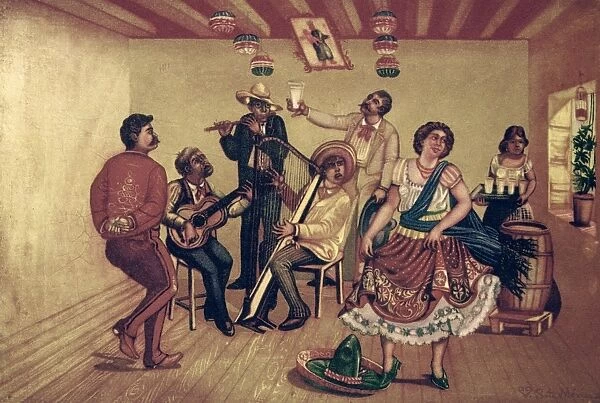 Mexican party dancing the jarabe tapatio or hat dance. Illustration after an oil painting, 20th century