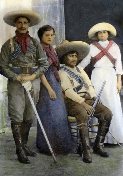 MEXICAN REVOLUTIONARIES. Two Mexican revolutionary couples. Oil over a photograph