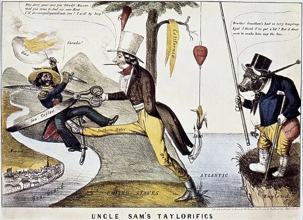 MEXICAN WAR CARTOON, 1846. American cartoon, 1846, showing America cutting up Mexico