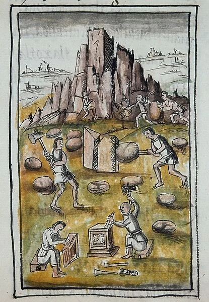 MEXICO: AZTEC MASONS. Aztec stone masons at work. Drawing from the Codex Florentino