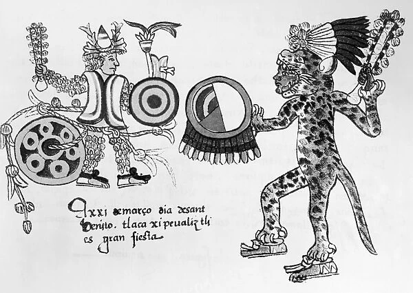 MEXICO: AZTEC RITUAL. A warrior dressed as a jaguar engages in ritual combat