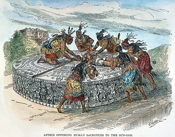 MEXICO: AZTEC SACRIFICE. Aztecs offering human sacrifices to the sun-god. Aztecs performing ritual sacrifice on a stone inscribed with the Aztec account of their history. Drawing, late 19th century
