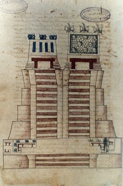 MEXICO: AZTEC TEMPLE. At Tenochtitlan with, left, altar to raingod, and right, to sungod