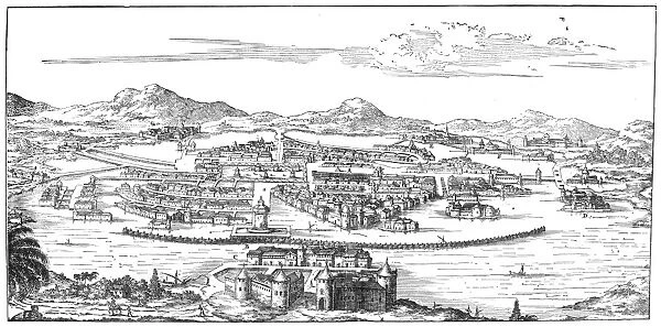MEXICO CITY, 1671. Mexico City under the Spanish conquerers. Line engraving, 19th century, after an engraving of 1671