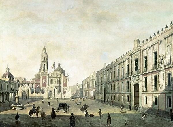 MEXICO CITY, c1825. From left: the custom house, Santo Domingo Church, and the