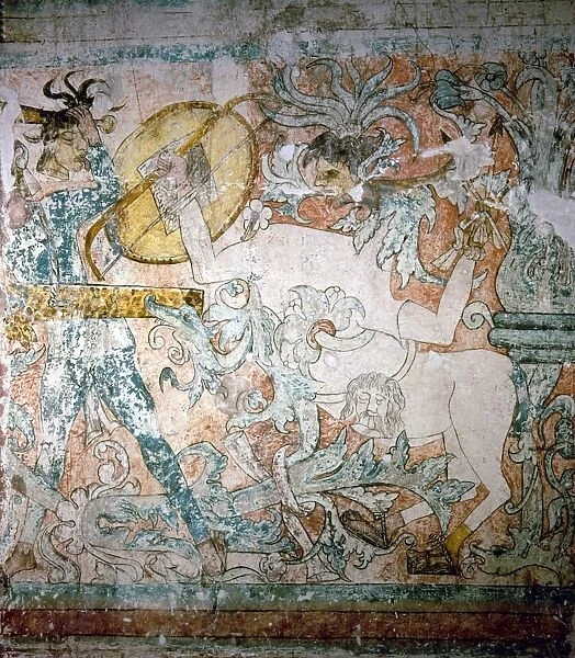 MEXICO: IXMIQUILPAN FRESCO. Fresco painting of a fanciful battle scene, depicting