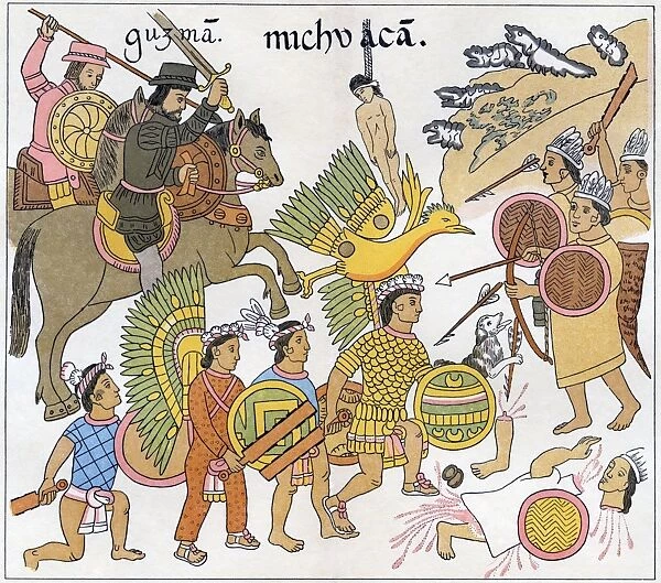 MEXICO: SPANISH CONQUEST. Aztec drawing of an event in the Spanish conquest of