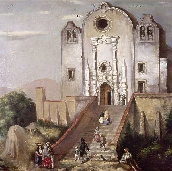 MEXICO: VILLAGE CHURCH. Painting by Leonard Sanchez, mid 19th century
