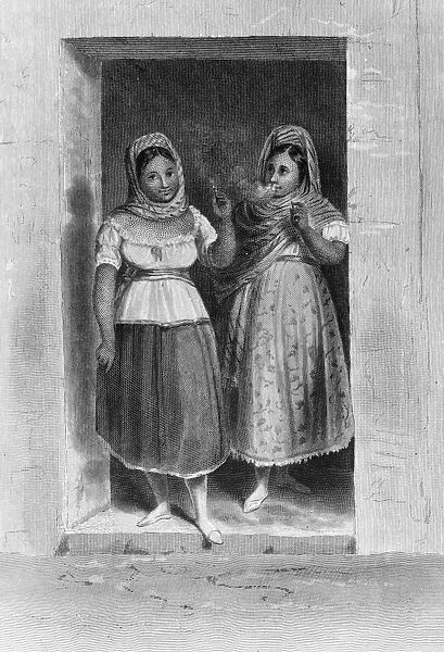 MEXICO: WOMEN. Women smoking in a doorway in a Mexican village. Engraving by A. Halbert, adapted from a drawing by Don Carlos Nebel, early 19th century