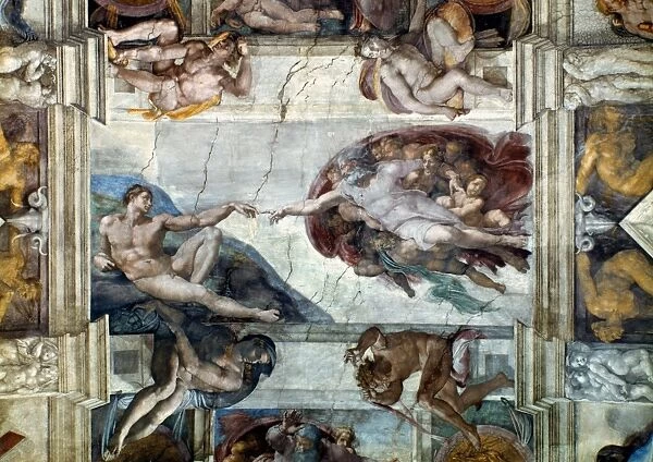 MICHELANGELO: ADAM. Creation of Adam. Sistine Chapel ceiling, fresco, 1509-12