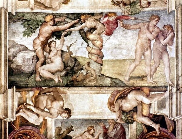 MICHELANGELO: ADAM & EVE. The Temptation and Expulsion. Fresco by Michelangelo from the Sistine Chapel