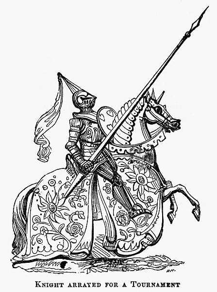 MIDDLE AGES: KNIGHTHOOD. A knight arrayed for a tournament. Line engraving, 19th century