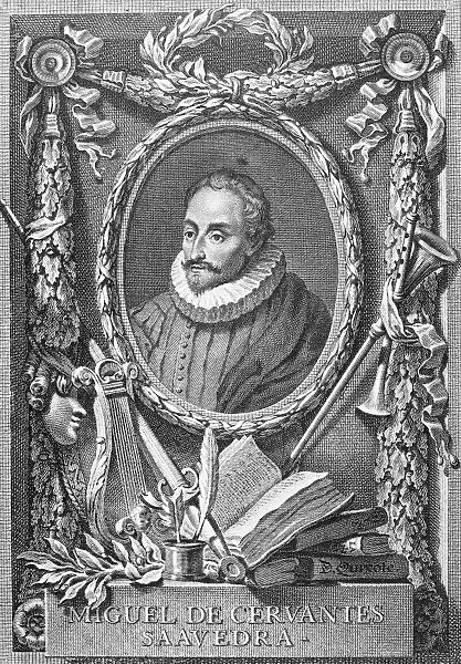 MIGUEL DE CERVANTES (1547-1616). Spanish novelist. Line engraving, Spanish, 18th century