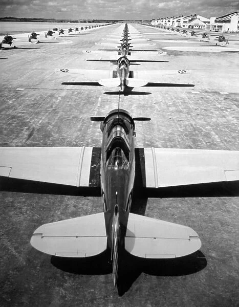 MILITARY AIRCRAFT, c1947. Rows of American fighter aircraft on a tarmac. Photograph