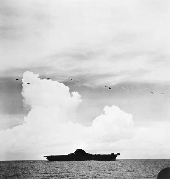 The military aircraft carrier, USS Yorktown, in a scene from the American propaganda film, The Fighting Lady, 1944