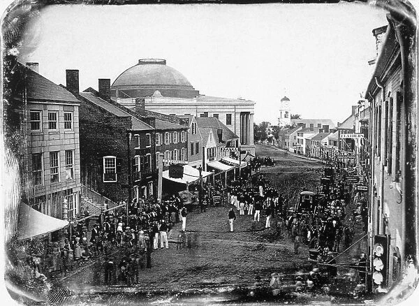 Militia parade on Exchange Street in Portland, Maine. Daguerreotype, 1848