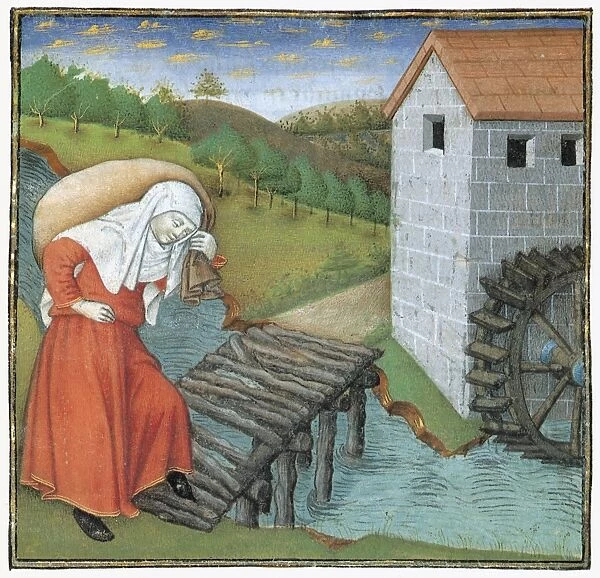 MILL, 15th CENTURY. A woman carrying a sack of wheat to a mill