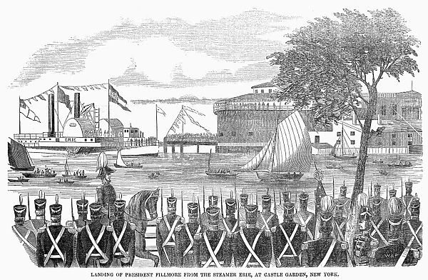 MILLARD FILLMORE (1800-1874). 13th President of the United States. Landing of President Fillmore from the steamship Erie, at Castle Garden, New York City, 1851. Contemporary American wood engraving