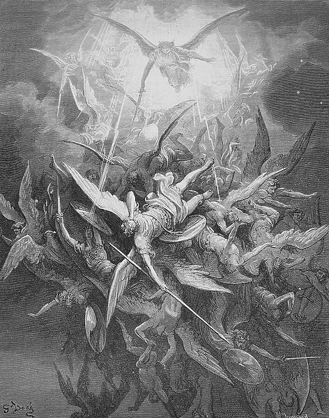 MILTON: PARADISE LOST. Satan and his rebellious angels are cast out of Heaven (Book I, lines 44-45). Wood engraving after Gustave Dor