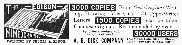 MIMEOGRAPH AD, 1890. American magazine advertisement, 1890, for the Edison mimeograph, patented by Thomas Edison and manufactured by the A. B. Dick Company