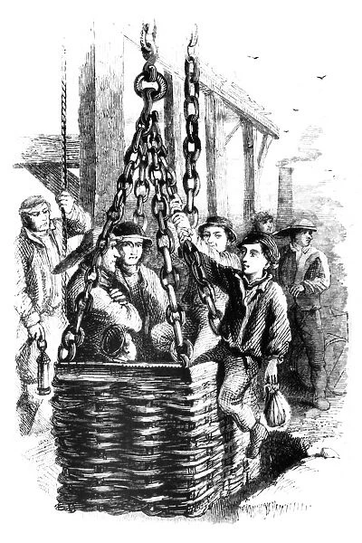 MINERS, 1863. Miners being lowered into a mine using a large basket, chains, and pulley