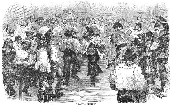 Miners dancing together in the absence of female companionship during the early days of the Gold Rush. Wood engraving, 1852