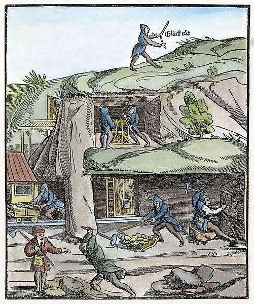 MINING, 16th CENTURY. Mining in 16th century Europe; one worker is trying his luck