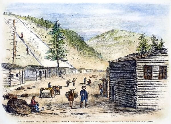 MINING CAMP, 1860. Scene in the mining settlement at Gregory Gulch in the Colorado Rockies. Wood engraving, American, 1860