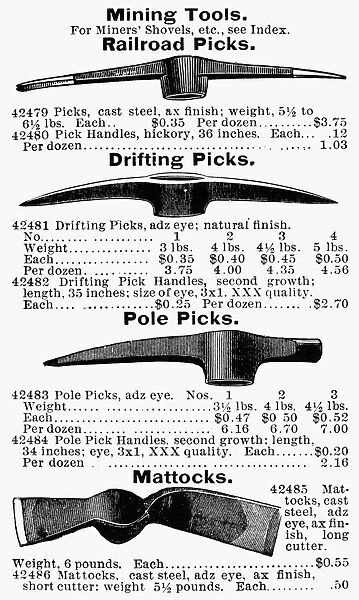 MINING TOOLS. Advertisement for mining tools from a 19th century American mail-order catalog