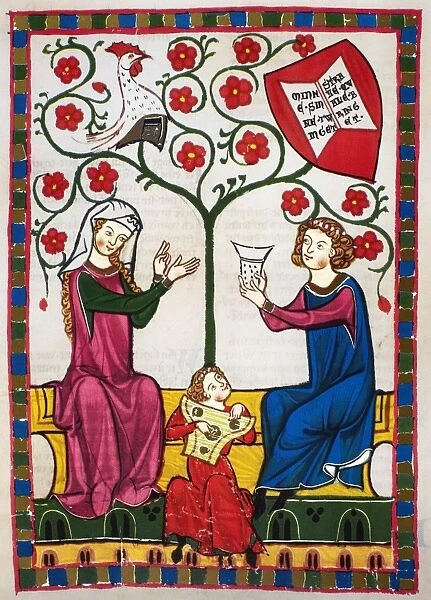 MINNESINGER LIEDER. The minnesinger Alarm von Gresten. Illumination from the great Heidelberg Lieder manuscript, early 14th century