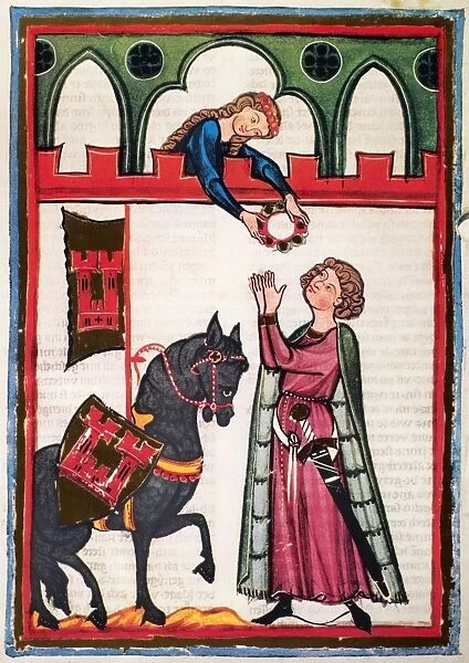 MINNESINGER LIEDER. The minnesinger Rudolf von Rotenberg. Illumination from the great Heidelberg Lieder manuscript, early 14th century