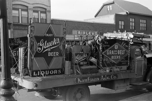 MINNESOTA: BEER, 1940. Beer advertisements on a truck in Little Falls, Minnesota