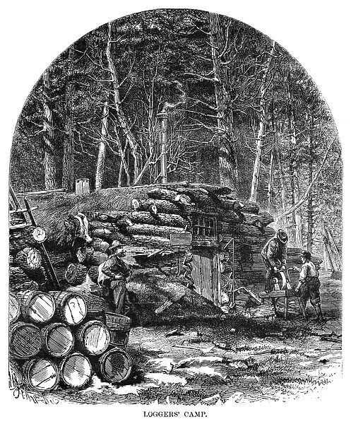 MINNESOTA: LOGGING, 1870. A loggers camp in Minnesota. Wood engraving, American, 1870