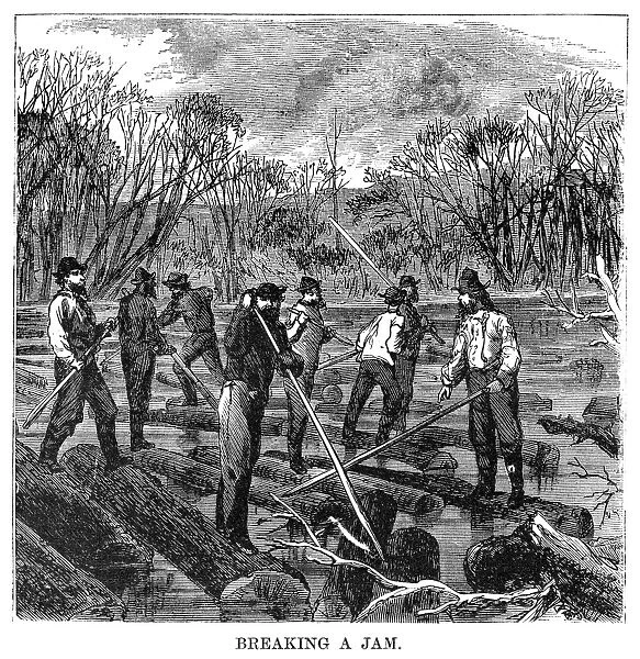MINNESOTA: LOGGING, 1870. Lumberjacks clearing a log jam, on a river in Minnesota