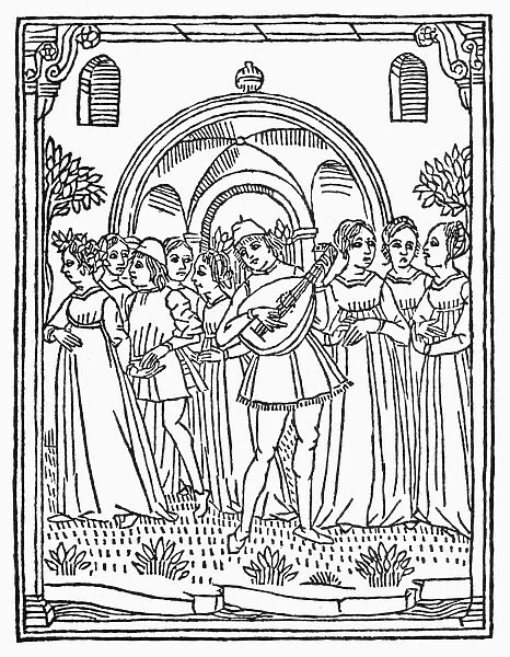 MINSTREL, 1492. A minstrel leads the procession to the garden