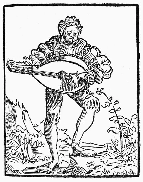 MINSTREL, c1520. A minstrel performing a song on the lute. Woodcut, German, c1520